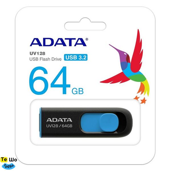 Флеш пам'ять A-DATA USB 3.2 UV 128 64Gb Black/Blue (AUV128-64G-RBE) AUV128-64G-RBE фото