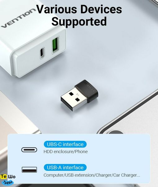 Адаптер Vention USB 2.0 Male to USB-C Female Adapter Black PVC Type (CDWB0) CDWB0 фото