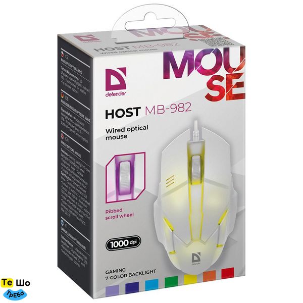 Мишка Defender Host MB-982, 3 кн.,1000 dpi, 7 кольорів, біла 52983_Defender фото