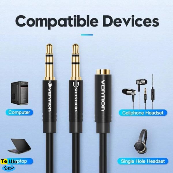 Кабель Vention 2*3.5mm Male to 4 Pole 3.5mm Female Audio Cable 0.3M Black ABS Type (BBTBY) BBTBY фото