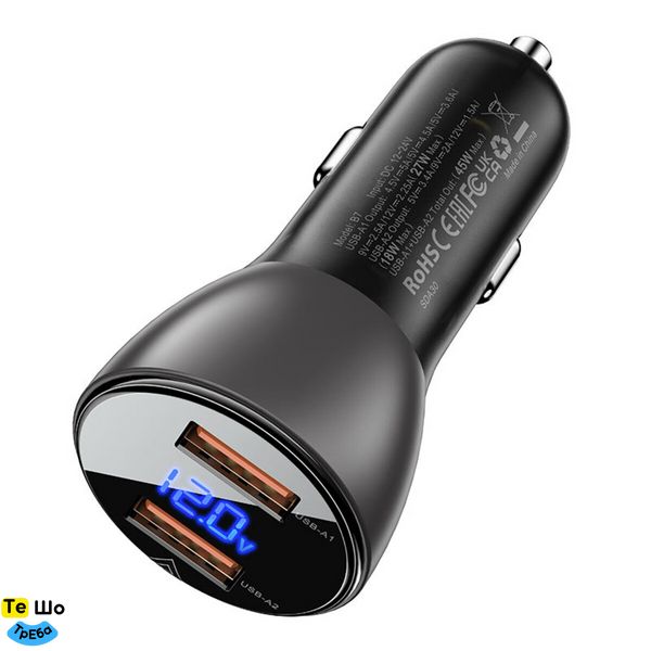 Автомобильное зарядное устройство ACEFAST B7 metal 45W (USB-A + USB-A) with digital display AFB7B фото